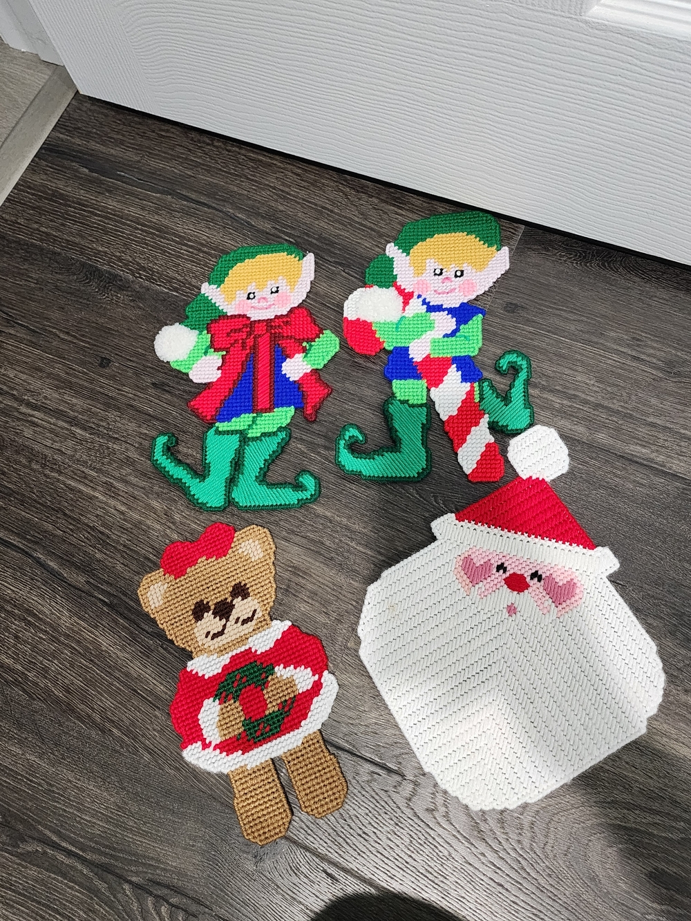 Handmade Christmas Elf, Bear & Santa Plastic Canvas Art